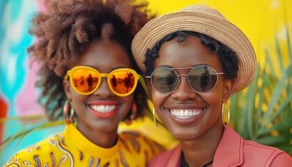 Portrait of two people couple latina girls in fancy sunglasses cheerful smiling at camera. They used ethnic Latin American accessories. Beauty of human emotions concept image.