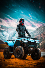 atv 4x4 driver wearing helmet in the mountains