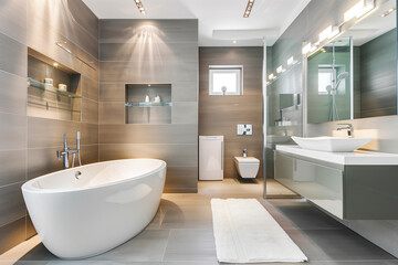 Fototapeta na wymiar Modern bathroom interior with gray walls, white tiles and wood accents. There is an elegant bathtub on the left side of wall, double sink in front of it and toilet bowl near by. A large window brings 