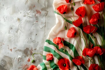 
Red poppy flowers on background with Italy flag. Liberation day holiday. Festa della liberazione