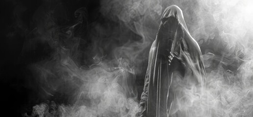 a ghost figure covered with cloth and smoke, black and white background
