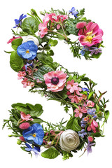 Flower font alphabet S made of colorful floral letter isolated on white background. Spring or summer flower font.