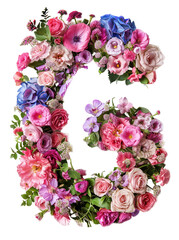 Flower font alphabet G made of colorful floral letter isolated on white background. Spring or summer flower font.