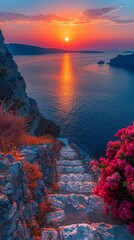 Breathtaking sunset over the Santorini caldera in Greece