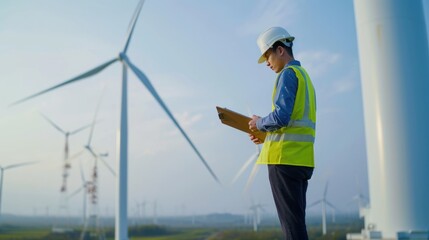 Electrical engineer working and looking at wind mill while wearing safety helmet and inspecting sustainable energy. Electrical technician checking or maintenance eco wind mill with blue sky. AIG42.