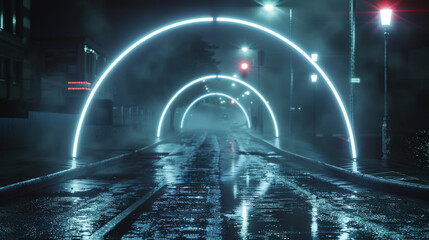 Silver neon arcs on a wet street at night, empty and dark with a hint of fog.