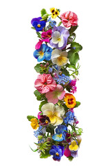 Flower font alphabet I made of colorful floral letter isolated on white background. Spring or summer flower font.