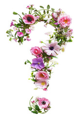 Flower font question mark made of colorful flowers isolated on white background. Spring or summer flower font.