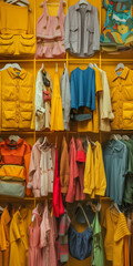 Hanging rails with bold brightly coloured clothing, vertical format, primary and pastel clothes, yellow and rainbow aesthetic