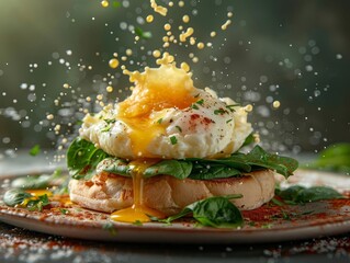 An epic stylized advertisement photo of an eggs Benedict bursting energetically from a fine porcelain plate