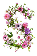 Flower font alphabet S made of colorful floral letter isolated on white background. Spring or summer flower font.