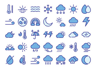 Obraz premium Weather blue - color outline icons set. The collection includes in business, UI UX, social media and website.