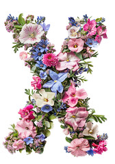 Flower font alphabet X made of colorful floral letter isolated on white background. Spring or summer flower font.