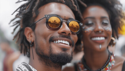 Close-up portrait of a cheerfully smiling Latino young man in fancy glasses with perfect white teeth and a beautiful woman as they hug together during a Sunday walk. - obrazy, fototapety, plakaty