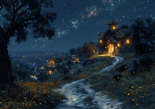 nighttime scene small house hill stream running fairy scattered golden flakes bright honeycomb halls camp half blood minions background wisps houses roads illustration luminescent