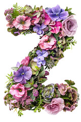 Flower font alphabet Z made of colorful floral letter isolated on white background. Spring or summer flower font.