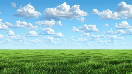 Fototapeta premium A expansive expanse of green grass beneath a blue sky, adorned with white clouds in the meridian hours A solitary tree stands in the heart of the pasture