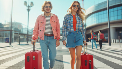Beautiful couple in love walking together with hand luggage suitcases near the airport terminal, just arrived on vacation holidays. Traveling and relationship concept image.