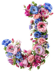Flower font alphabet J made of colorful floral letter isolated on white background. Spring or summer flower font.