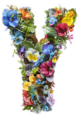 Flower font alphabet Y made of colorful floral letter isolated on white background. Spring or summer flower font.