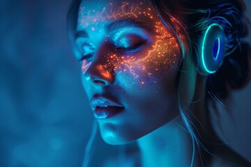 This image captures the essence of modern technology and music with its glowing blue hues and focus on a high-tech headset