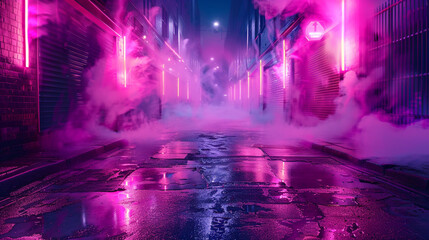 Soft fuchsia neon glow in an empty, dark street, reflections on wet asphalt, smoke-filled.