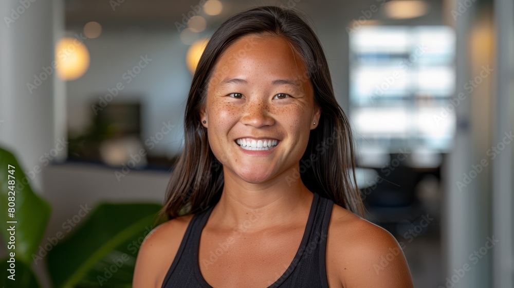 Wall mural   A woman, wearing a black tank top, smiles at the camera as she stands in a room, with a plant positioned in front of her