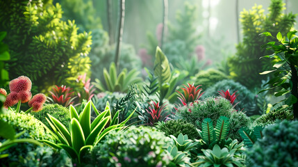 A beautiful, sunny green forest with a close-up of the plants growing in it. nature.