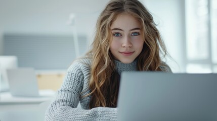 A young woman with a stunning smile works diligently on her laptop in a pleasant, well-lit environment, exuding positivity and concentration. Copy space.