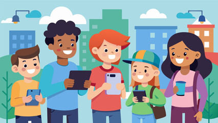 A team of junior vloggers hit the streets interviewing kids about their favorite mobile apps and sharing their findings with their followers.. Vector illustration