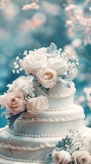 A beautifully decorated wedding cake with vibrant flowers on top, ready for a celebration