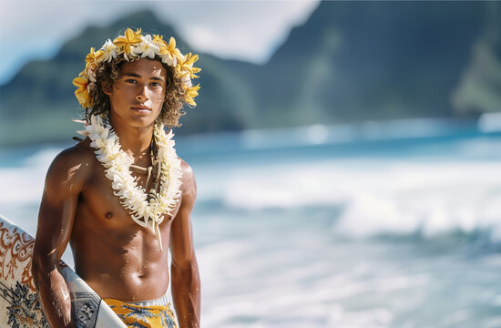 Fototapeta Portrait of a handsome native hawaiian young man with surfboard having fun and relaxing on the beach. Summer vacation concept