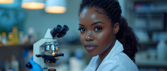 Black scientist examining test samples under a microscope in a captivating image.