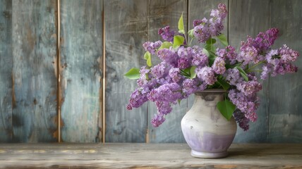 Rustic bouquet of lilac flowers in a ceramic vase.