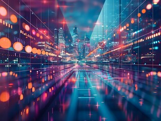 Obraz premium A busy urban street illuminated with numerous lights