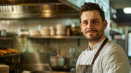 Fototapeta premium Chef, Cuisine, Restaurant, Professional, Gastronomy, Cooking, Smile, Uniform, Gourmet cooking, Dishes, Experience, Culinary, Food, Preparation, Food, Skill, Passion, Creativity, Service, Elegance, Wor