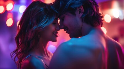 Intimate Couple Embracing in Neon Light Ambiance