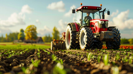 Fototapeta premium A photo of a farmer working in the field, driving his tractor, with a farm and fields visible in the background 