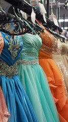 Low angle view to row of prom dresses in various colors, including turquoise and orange, are displayed on hangers at the dress shop.