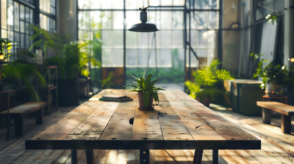 An old, rustic table in a room with industrial decor 
