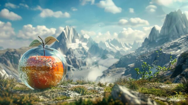 An apple made of glass sits on a rock outcropping in the mountains.