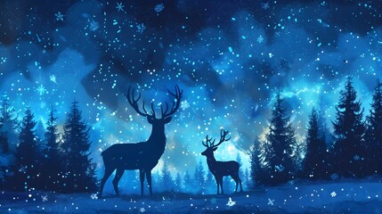 Ethereal Deer Silhouettes in Wintry Forest with Aurora Borealis Celestial Display