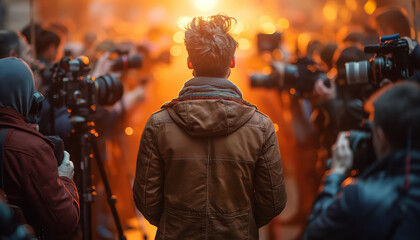 Obraz premium Back view of a person with cameras pointed at a light