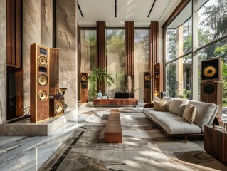speakers at a modern living room, exquisite speakers craftsmanship
