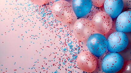 Festive Pink and Blue Confetti Explosion with Floating Balloons for Joyful and Parties