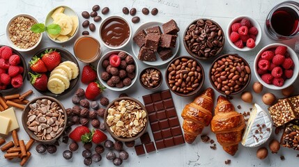   A variety of chocolates, nuts, fruit, and other foods lay out on a white countertop