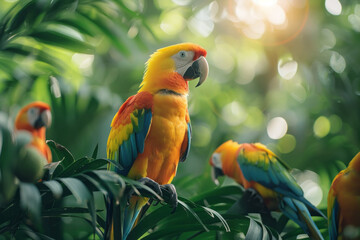 A series of tropical birds perched in foliage, their bright plumage standing out against the dense green leaves,