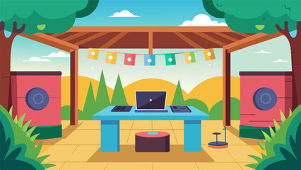 An open outdoor courtyard turned into a DJ booth complete with laptops DJ controllers and speakers for kids to learn how to mix and produce dance. Vector illustration