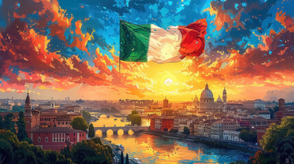 italian flag waving over scenic cityscape at sunset with dramatic clouds