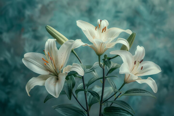 A serene composition of lilies, using soft watercolor washes that suggest the tranquility and purity of the flowers,
